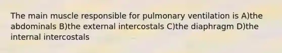 The main muscle responsible for pulmonary ventilation is A)the abdominals B)the external intercostals C)the diaphragm D)the internal intercostals