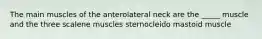 The main muscles of the anterolateral neck are the _____ muscle and the three scalene muscles sternocleido mastoid muscle