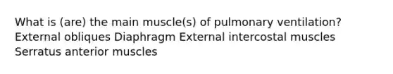 What is (are) the main muscle(s) of pulmonary ventilation? External obliques Diaphragm External intercostal muscles Serratus anterior muscles