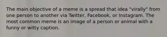 The main objective of a meme is a spread that idea "virally" from one person to another via Twitter, Facebook, or Instagram. The most common meme is an image of a person or animal with a funny or witty caption.