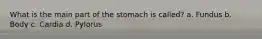 What is the main part of the stomach is called? a. Fundus b. Body c. Cardia d. Pylorus