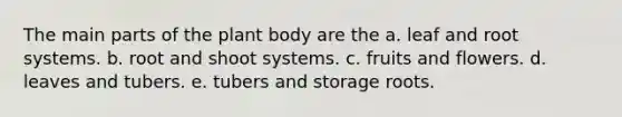 The main parts of the plant body are the a. leaf and root systems. b. root and shoot systems. c. fruits and flowers. d. leaves and tubers. e. tubers and storage roots.