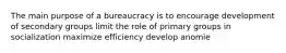 The main purpose of a bureaucracy is to encourage development of secondary groups limit the role of primary groups in socialization maximize efficiency develop anomie