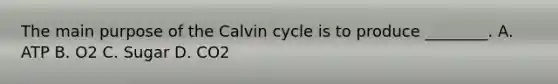 The main purpose of the Calvin cycle is to produce ________. A. ATP B. O2 C. Sugar D. CO2