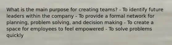 What is the main purpose for creating teams? - To identify future leaders within the company - To provide a formal network for planning, problem solving, and decision making - To create a space for employees to feel empowered - To solve problems quickly