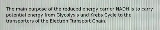 The main purpose of the reduced energy carrier NADH is to carry potential energy from Glycolysis and Krebs Cycle to the transporters of the Electron Transport Chain.