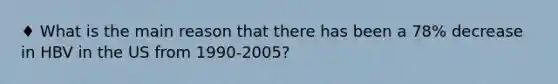 ♦ What is the main reason that there has been a 78% decrease in HBV in the US from 1990-2005?