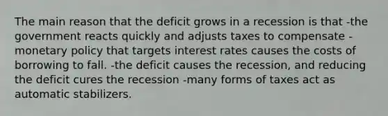 The main reason that the deficit grows in a recession is that -the government reacts quickly and adjusts taxes to compensate -monetary policy that targets interest rates causes the costs of borrowing to fall. -the deficit causes the recession, and reducing the deficit cures the recession -many forms of taxes act as automatic stabilizers.