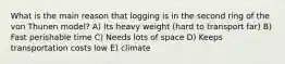 What is the main reason that logging is in the second ring of the von Thunen model? A) Its heavy weight (hard to transport far) B) Fast perishable time C) Needs lots of space D) Keeps transportation costs low E) climate