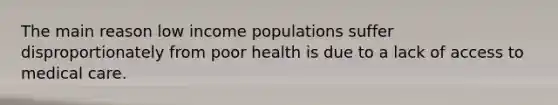 The main reason low income populations suffer disproportionately from poor health is due to a lack of access to medical care.