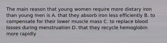 The main reason that young women require more dietary iron than young men is A. that they absorb iron less efficiently B. to compensate for their lower muscle mass C. to replace blood losses during menstruation D. that they recycle hemoglobin more rapidly