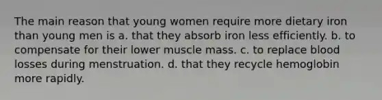 The main reason that young women require more dietary iron than young men is a. that they absorb iron less efficiently. b. to compensate for their lower muscle mass. c. to replace blood losses during menstruation. d. that they recycle hemoglobin more rapidly.