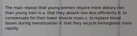 The main reason that young women require more dietary iron than young men is a. that they absorb iron less efficiently b. to compensate for their lower muscle mass c. to replace blood losses during menstruation d. that they recycle hemoglobin more rapidly