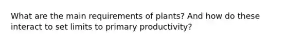 What are the main requirements of plants? And how do these interact to set limits to primary productivity?