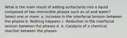 What is the main result of adding surfactants into a liquid composed of two immiscible phases such as oil and water? Select one or more: a. Increase in the interfacial tension between the phases b. Nothing happens c. Reduction in the interfacial tension between the phases d. A. Catalysis of a chemical reaction between the phases