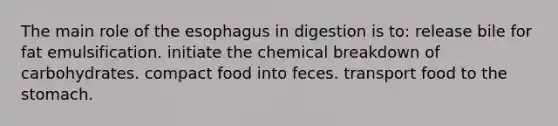 The main role of the esophagus in digestion is to: release bile for fat emulsification. initiate the chemical breakdown of carbohydrates. compact food into feces. transport food to the stomach.