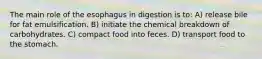 The main role of the esophagus in digestion is to: A) release bile for fat emulsification. B) initiate the chemical breakdown of carbohydrates. C) compact food into feces. D) transport food to the stomach.