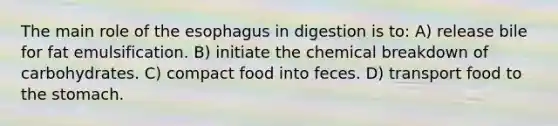 The main role of the esophagus in digestion is to: A) release bile for fat emulsification. B) initiate the chemical breakdown of carbohydrates. C) compact food into feces. D) transport food to the stomach.