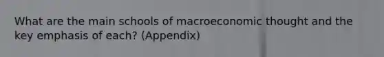 What are the main schools of macroeconomic thought and the key emphasis of each? (Appendix)