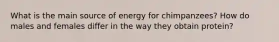 What is the main source of energy for chimpanzees? How do males and females differ in the way they obtain protein?