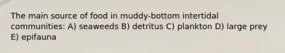 The main source of food in muddy-bottom intertidal communities: A) seaweeds B) detritus C) plankton D) large prey E) epifauna