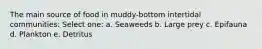 The main source of food in muddy-bottom intertidal communities: Select one: a. Seaweeds b. Large prey c. Epifauna d. Plankton e. Detritus