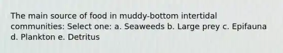 The main source of food in muddy-bottom intertidal communities: Select one: a. Seaweeds b. Large prey c. Epifauna d. Plankton e. Detritus