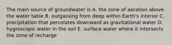 The main source of groundwater is A. the zone of aeration above the water table B. outgassing from deep within Earth's interior C. precipitation that percolates downward as gravitational water D. hygroscopic water in the soil E. surface water where it intersects the zone of recharge