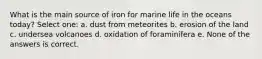 What is the main source of iron for marine life in the oceans today? Select one: a. dust from meteorites b. erosion of the land c. undersea volcanoes d. oxidation of foraminifera e. None of the answers is correct.