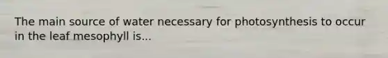 The main source of water necessary for photosynthesis to occur in the leaf mesophyll is...
