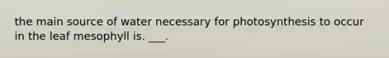 the main source of water necessary for photosynthesis to occur in the leaf mesophyll is. ___.