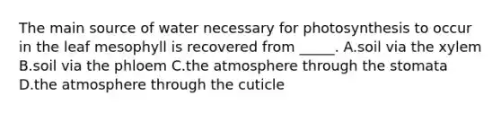 The main source of water necessary for photosynthesis to occur in the leaf mesophyll is recovered from _____. A.soil via the xylem B.soil via the phloem C.the atmosphere through the stomata D.the atmosphere through the cuticle