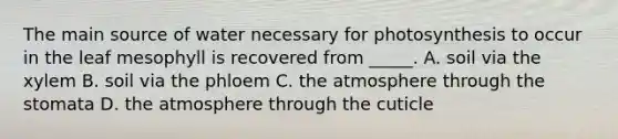 The main source of water necessary for photosynthesis to occur in the leaf mesophyll is recovered from _____. A. soil via the xylem B. soil via the phloem C. the atmosphere through the stomata D. the atmosphere through the cuticle