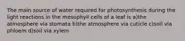 The main source of water required for photosynthesis during the light reactions in the mesophyll cells of a leaf is a)the atmosphere via stomata b)the atmosphere via cuticle c)soil via phloem d)soil via xylem