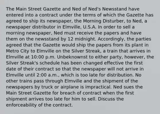 The Main Street Gazette and Ned of Ned's Newsstand have entered into a contract under the terms of which the Gazette has agreed to ship its newspaper, the Morning Disturber, to Ned, a newspaper distributor in Elmville, U.S.A. In order to sell a morning newspaper, Ned must receive the papers and have them on the newsstand by 12 midnight. Accordingly, the parties agreed that the Gazette would ship the papers from its plant in Metro City to Elmville on the Silver Streak, a train that arrives in Elmville at 10:00 p.m. Unbeknownst to either party, however, the Silver Streak's schedule has been changed effective the first date of their contract so that the newspaper will not arrive in Elmville until 2:00 a.m., which is too late for distribution. No other trains pass through Elmville and the shipment of the newspapers by truck or airplane is impractical. Ned sues the Main Street Gazette for breach of contract when the first shipment arrives too late for him to sell. Discuss the enforceability of the contract.