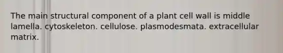 The main structural component of a plant cell wall is middle lamella. cytoskeleton. cellulose. plasmodesmata. extracellular matrix.