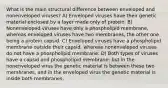 What is the main structural difference between enveloped and nonenveloped viruses? A) Enveloped viruses have their genetic material enclosed by a layer made only of protein. B) Nonenveloped viruses have only a phospholipid membrane, whereas enveloped viruses have two membranes, the other one being a protein capsid. C) Enveloped viruses have a phospholipid membrane outside their capsid, whereas nonenveloped viruses do not have a phospholipid membrane. D) Both types of viruses have a capsid and phospholipid membrane; but in the nonenveloped virus the genetic material is between these two membranes, and in the enveloped virus the genetic material is inside both membranes.