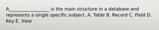 A__________________ is the main structure in a database and represents a single specific subject. A. Table B. Record C. Field D. Key E. View