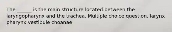 The ______ is the main structure located between the laryngopharynx and the trachea. Multiple choice question. larynx pharynx vestibule choanae