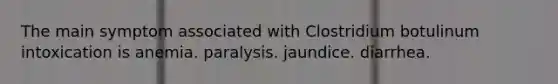 The main symptom associated with Clostridium botulinum intoxication is anemia. paralysis. jaundice. diarrhea.