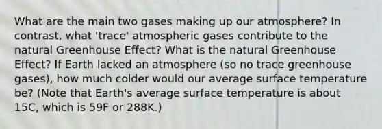 What are the main two gases making up our atmosphere? In contrast, what 'trace' atmospheric gases contribute to the natural Greenhouse Effect? What is the natural Greenhouse Effect? If Earth lacked an atmosphere (so no trace greenhouse gases), how much colder would our average surface temperature be? (Note that Earth's average surface temperature is about 15C, which is 59F or 288K.)