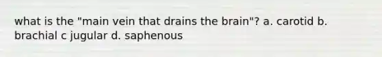 what is the "main vein that drains <a href='https://www.questionai.com/knowledge/kLMtJeqKp6-the-brain' class='anchor-knowledge'>the brain</a>"? a. carotid b. brachial c jugular d. saphenous