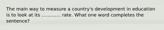 The main way to measure a country's development in education is to look at its ............. rate. What one word completes the sentence?