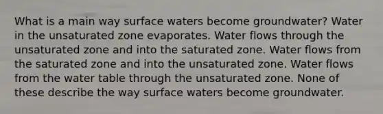 What is a main way surface waters become groundwater? Water in the unsaturated zone evaporates. Water flows through the unsaturated zone and into the saturated zone. Water flows from the saturated zone and into the unsaturated zone. Water flows from the water table through the unsaturated zone. None of these describe the way surface waters become groundwater.