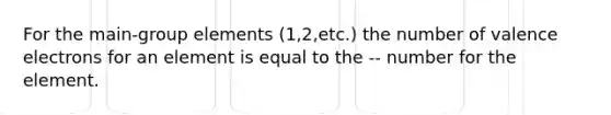 For the main-group elements (1,2,etc.) the number of valence electrons for an element is equal to the -- number for the element.