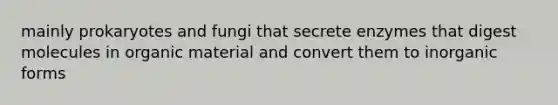 mainly prokaryotes and fungi that secrete enzymes that digest molecules in organic material and convert them to inorganic forms