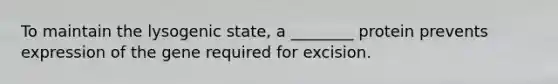 To maintain the lysogenic state, a ________ protein prevents expression of the gene required for excision.