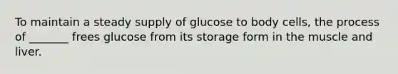 To maintain a steady supply of glucose to body cells, the process of _______ frees glucose from its storage form in the muscle and liver.