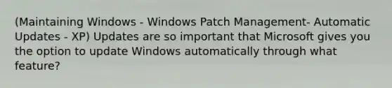 (Maintaining Windows - Windows Patch Management- Automatic Updates - XP) Updates are so important that Microsoft gives you the option to update Windows automatically through what feature?