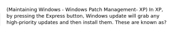 (Maintaining Windows - Windows Patch Management- XP) In XP, by pressing the Express button, Windows update will grab any high-priority updates and then install them. These are known as?